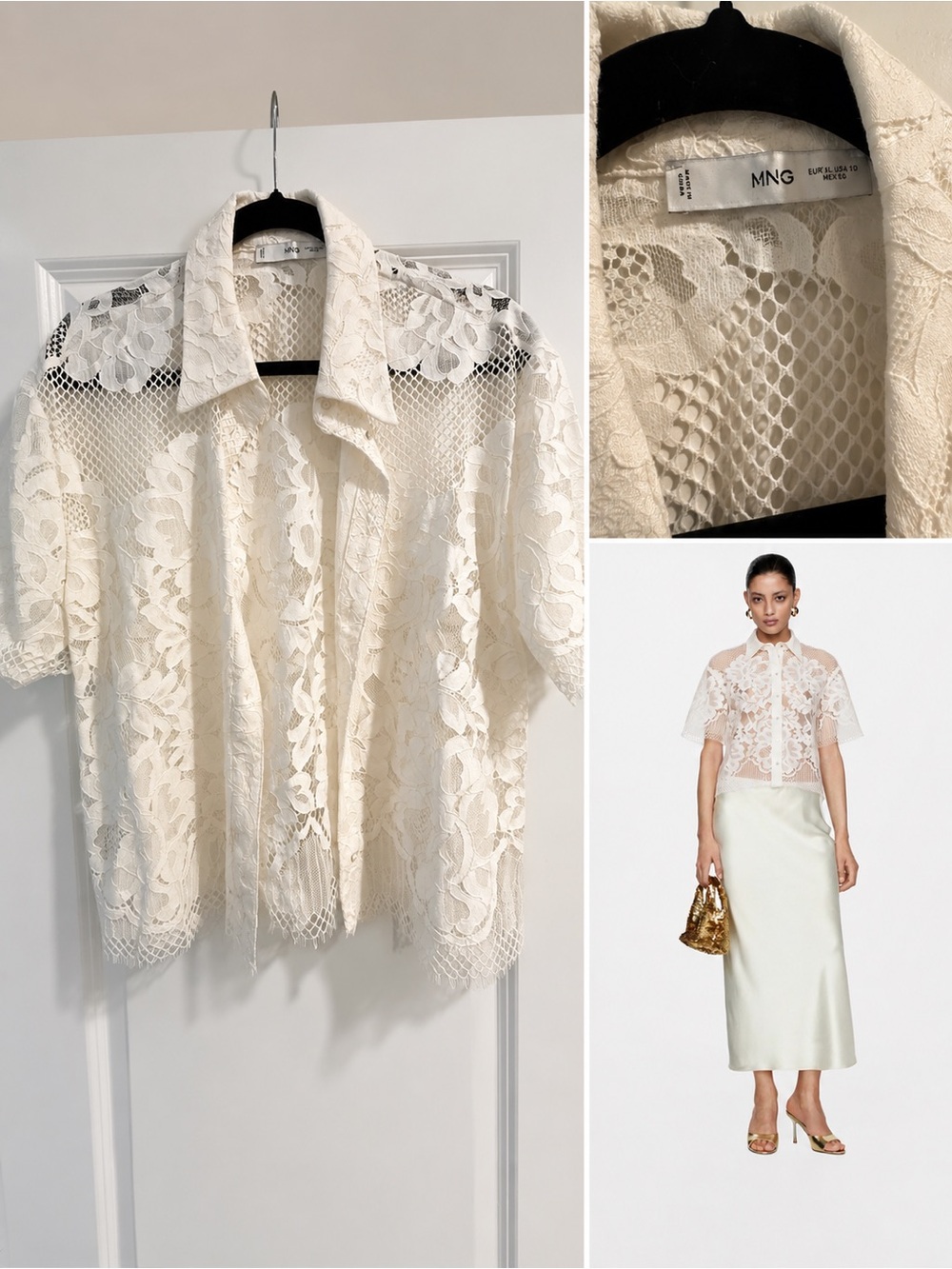 Mango Ivory Lace Short-Sleeve Button-Up Blouse